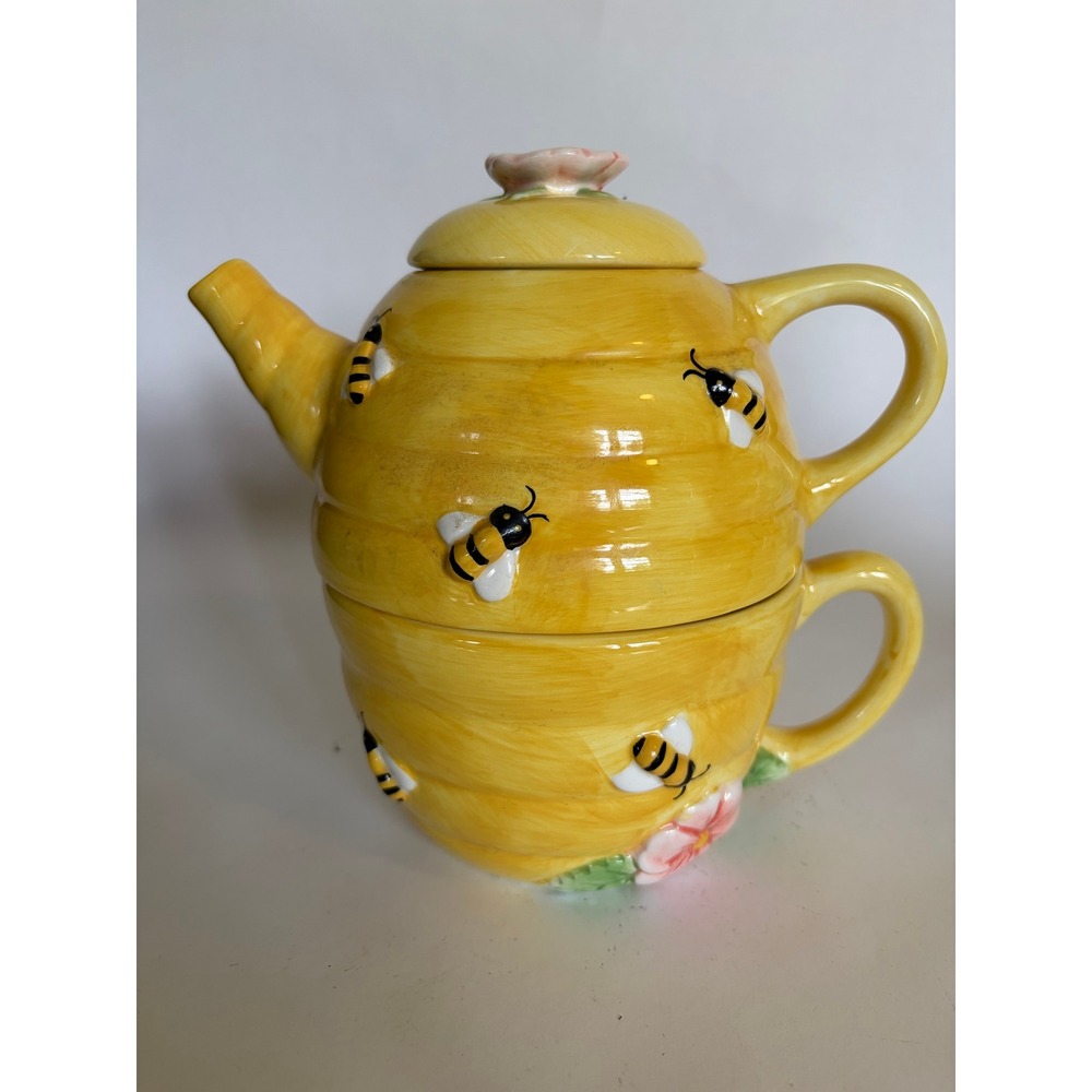 3 Piece Bee Bumblebee Hive Teapot Cup Set Country Cottagecore Yellow Floral Tea